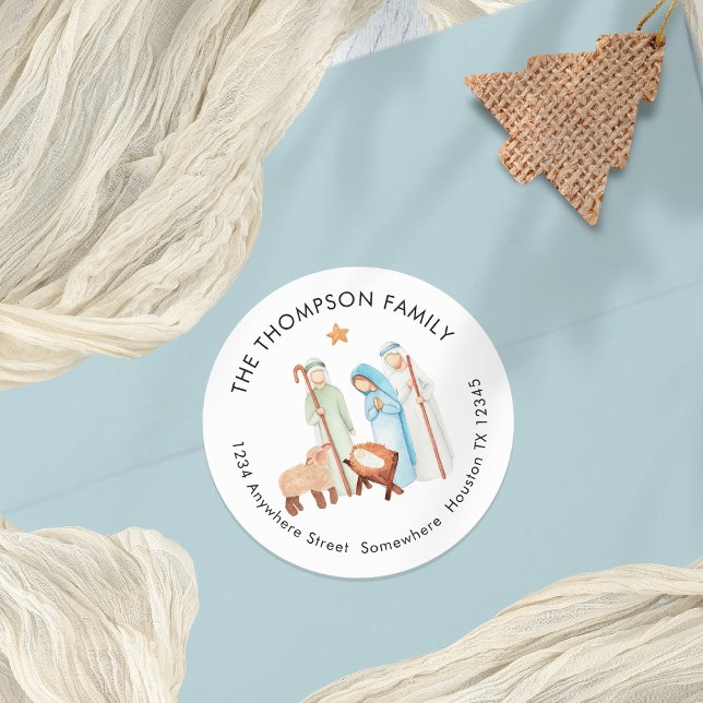Sticker Rond Scène De Nativité Avec Berger Nom De Retour Adress (Mary Joseph Baby jesus and Shepherd Return Name Address Sticker sheet)