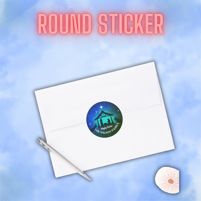 Sticker Rond Scène de Nativité - Joyeux Pâques | (Créateur téléchargé)