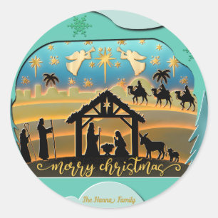 Sticker Rond Scène de Noël avec l'Enfant Jésus dans la crèche