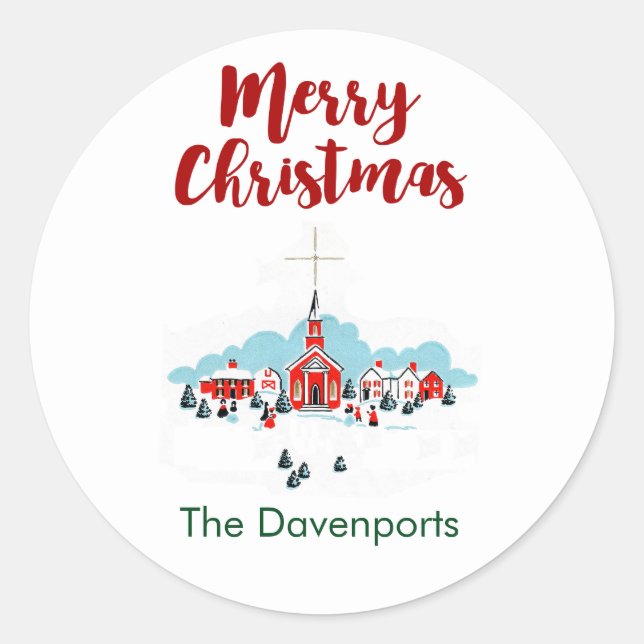 Sticker Rond Scène de Noël avec une église rouge et étoile au-d (Devant)
