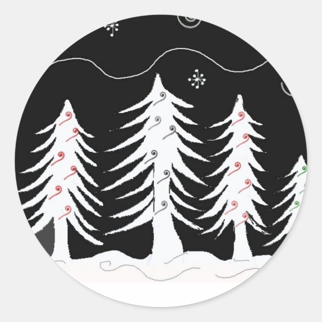 Sticker Rond Scène de Noël blanche et noire (Devant)