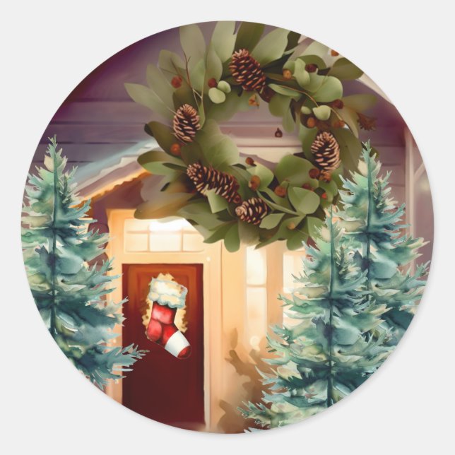 Sticker Rond Scène de Noël Cosy avec Épicéas (Devant)