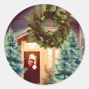 Sticker Rond Scène de Noël Cosy avec Épicéas