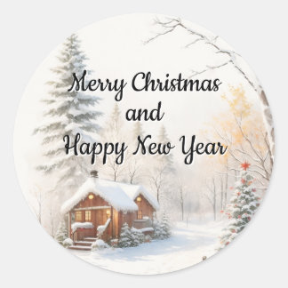 Sticker Rond Scène de Noël enneigée
