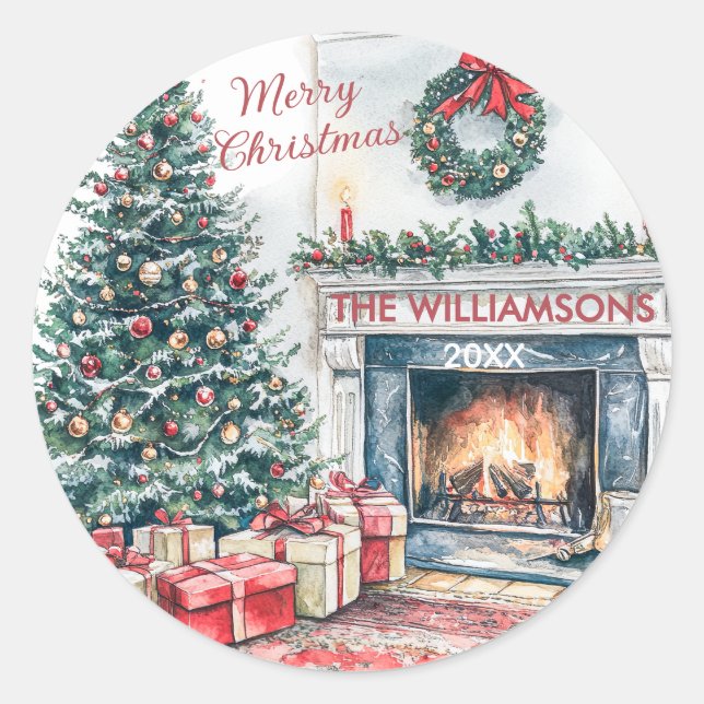 Sticker Rond Scène de Noël festive Arbre Cadeaux  (Devant)