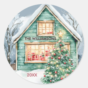 Sticker Rond Scène de Noël rustique Charme Arbre Neige