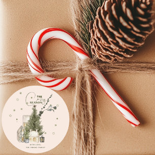 Sticker Rond Scène de Noël rustique vintage aquarelle et cosy