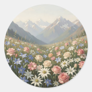 Sticker Rond Scène de paysage de montagne de prairie de fleurs