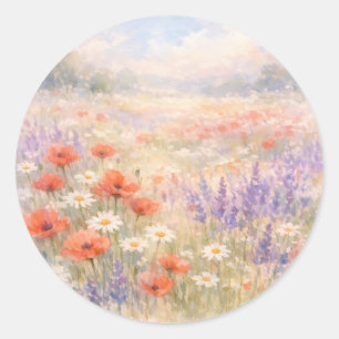 Sticker Rond Scène de prairie de fleurs sauvages à l'aquarelle