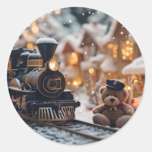 Sticker Rond Scène de train de Noël magique avec ours en peluch