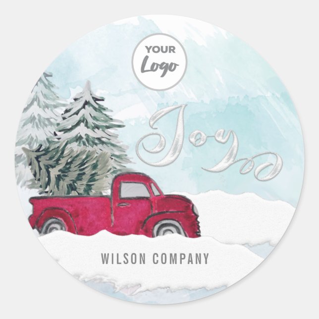 Sticker Rond Scène d'hiver camion rouge joie logo personnalisé (Devant)