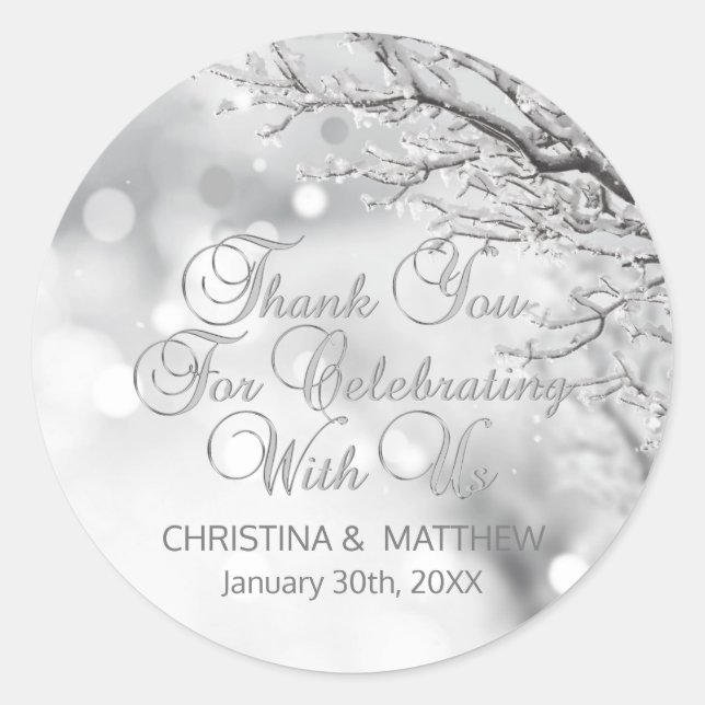 Sticker Rond Scène d'hiver Snowflakes Merci Mariage (Devant)