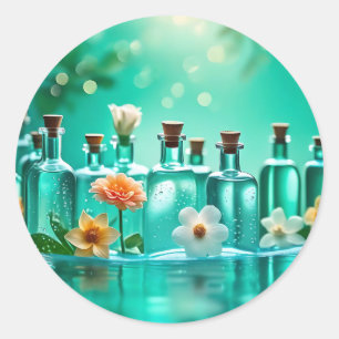 Sticker Rond Scène florale sous-marine avec bouteilles en verre