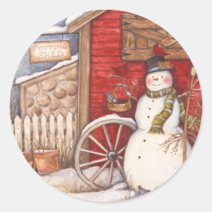 Sticker Rond Scène hivernale Rustique Snowman