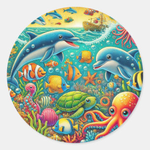 Sticker Rond Scène marine sous-marine colorée 🐚 Océan vibrant