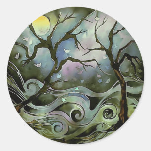 Sticker Rond scène nocturne d'arbre pleine lune soie peinture a