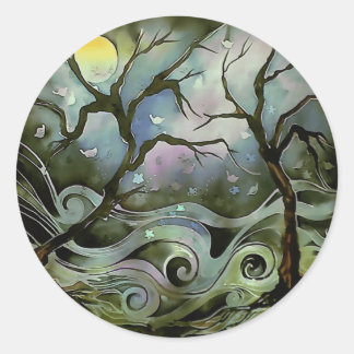Sticker Rond scène nocturne d'arbre pleine lune soie peinture a