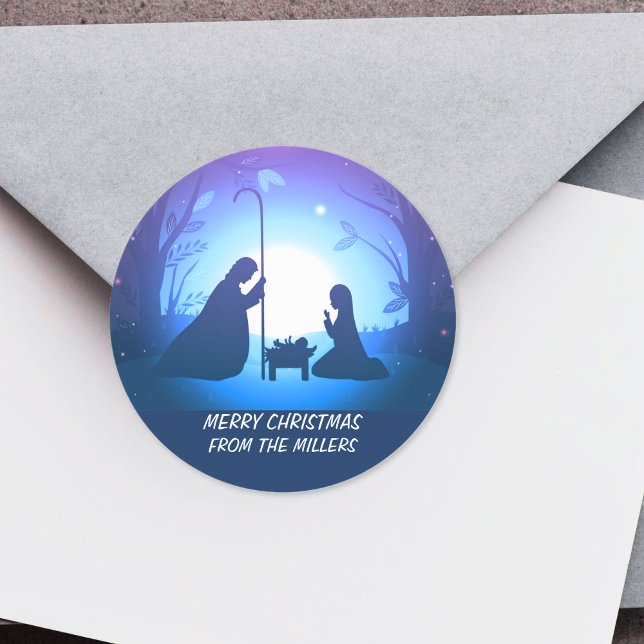 Sticker Rond Scène personnalisée du directeur de la nativité3 N (Personalized Nativity Manger Scene3 Christmas Classic Round Sticker)