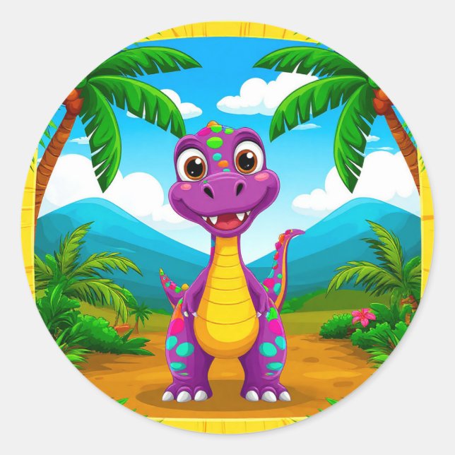 Sticker Rond Scène tropicale de dinosaure de dessin animé 🦖 Ju (Devant)