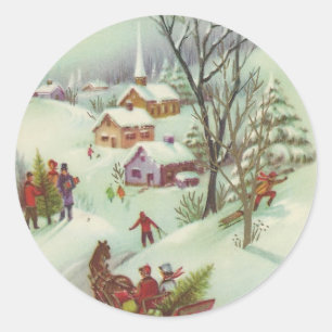 Sticker Rond Scène vintage de neige de Noël