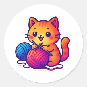 Sticker Rond Scène Whimsical de Tricot de chats Kawaii avec sur