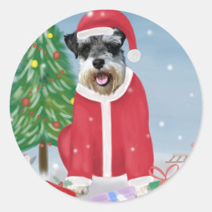 Sticker Rond Schnauzer Chien à Noël de neige