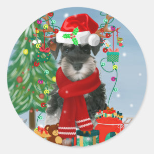 Sticker Rond Schnauzer Chien à Noël de neige