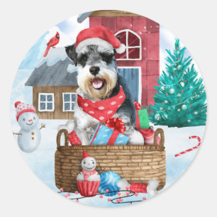 Sticker Rond Schnauzer Chien dans la neige Maison de Chien de N