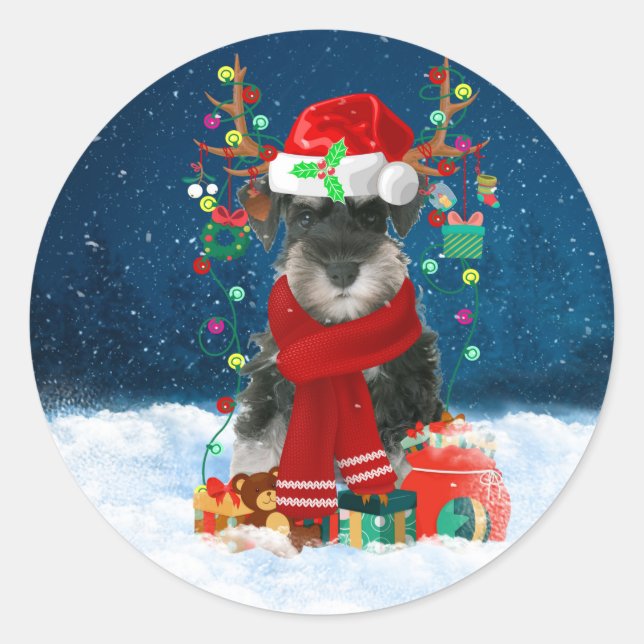 Sticker Rond Schnauzer Chien en neige avec cadeaux de Noël (Devant)