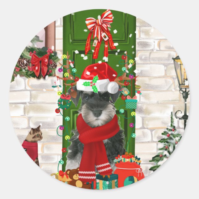 Sticker Rond Schnauzer Chien Noël (Devant)