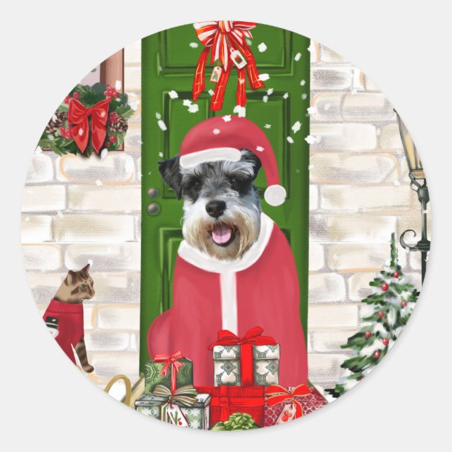 Sticker Rond Schnauzer Chien Noël (Devant)