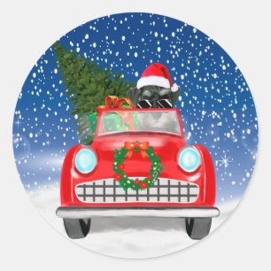 Sticker Rond Schnauzer Conduisant une Voiture dans la Neige Noë