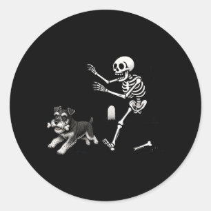 Sticker Rond Schnauzer Halloween Chien Squelette Os Poursuite H