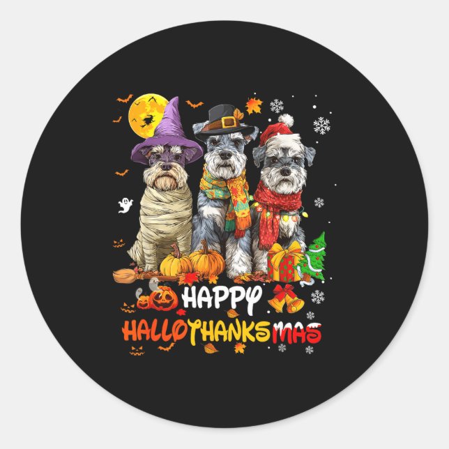 Sticker Rond Schnauzer Happy Hallothanksmas Dog Lover Christmas (Devant)