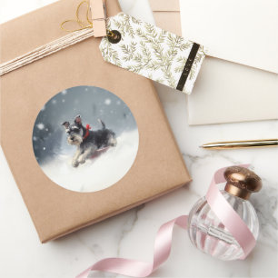 Sticker Rond Schnauzer miniature neige de Noël hiver