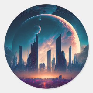 Sticker Rond Science-fiction Cyberpunk Space City