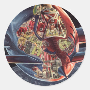 Sticker Rond Science-fiction vintage Astronaute Fusée Vaisseau
