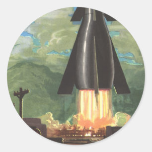 Sticker Rond Science-fiction vintage, Fusées qui s'envolent hor