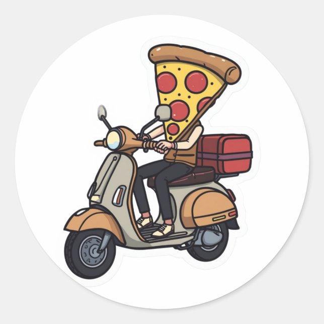 Sticker Rond Scooter de livraison de pizza drôle - Cavalier de  (Devant)