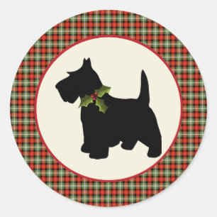 Sticker Rond Scottie Chien Scotch Plaid Christmas