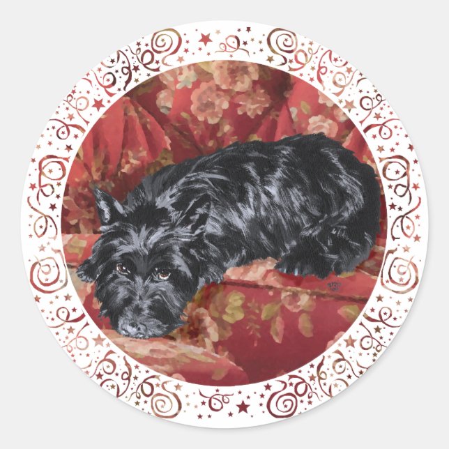 Sticker Rond Scottie dans un grand fauteuil rouge (Devant)