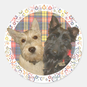 Sticker Rond Scotties roux et noirs sur tartan