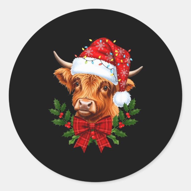 Sticker Rond Scottish Highland Cow Christmas Funny Cow Lover Xm (Devant)
