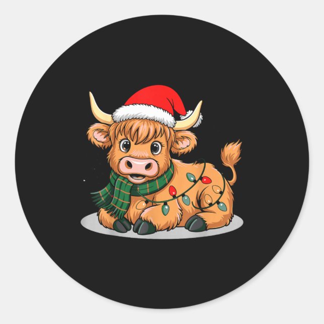 Sticker Rond Scottish Highland Cow Christmas Lights Xmas Party  (Devant)