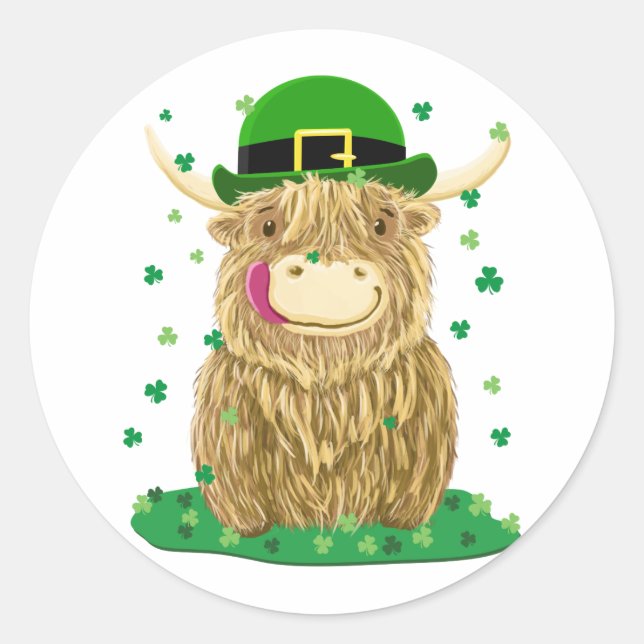 Sticker Rond Scottish Highland Cow St Patrick's Day Shamrock (Devant)