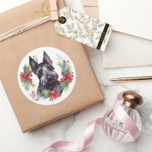 Sticker Rond Scottish Terrier Christmas Wreath Festive Pup (Cadeaux)
