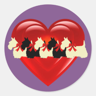 Sticker Rond Scottish Terrier noir/blanc double coeur/arc