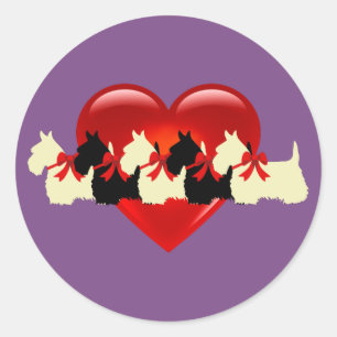 Sticker Rond Scottish Terrier noir/blanc silhouette coeur/arc