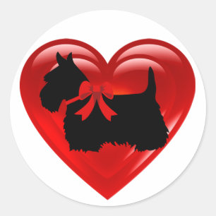 Sticker Rond Scottish Terrier noir double coeur/arc/col rouge