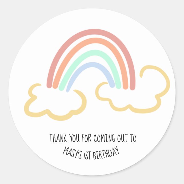 Sticker Rond Scribble arc-en-ciel et nuage Anniversaire Merci (Devant)